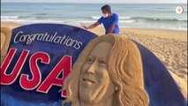 Indian artist creates Biden and Harris sand sculpture