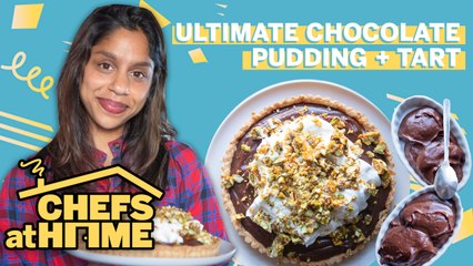 Chocolate Cardamom Pudding, Cream Tart, and Pistachio-Sesame Brittle | Chefs At Home | Food & Wine
