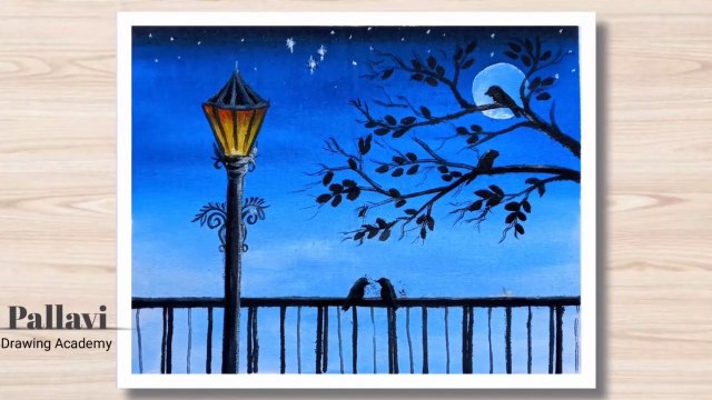 How to draw beautiful night painting with birds and lamp __ Pallavi Drawing Academy __