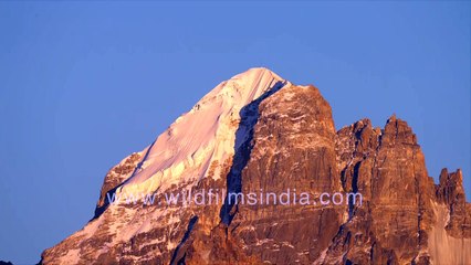 Himalayan peak sunset and moonlight over Bandarpunch from Chhaiyan Bamak camp in Garhwal