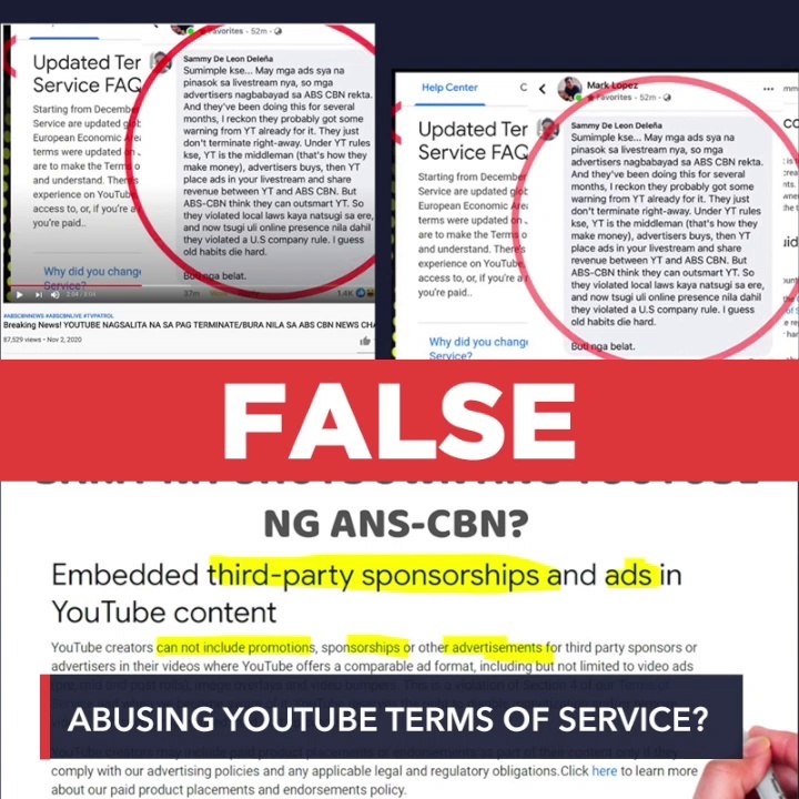 FALSE: YouTube deleted ABS-CBN’s channels for abusing terms of service on ads