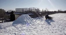 Guy Falls From Height After Jumping Off Ramp And Attempting To Ski Along Guard Rail