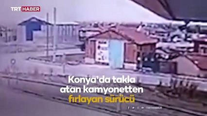 Takla atan araçtaki sürücü evin çatısına böyle uçtu