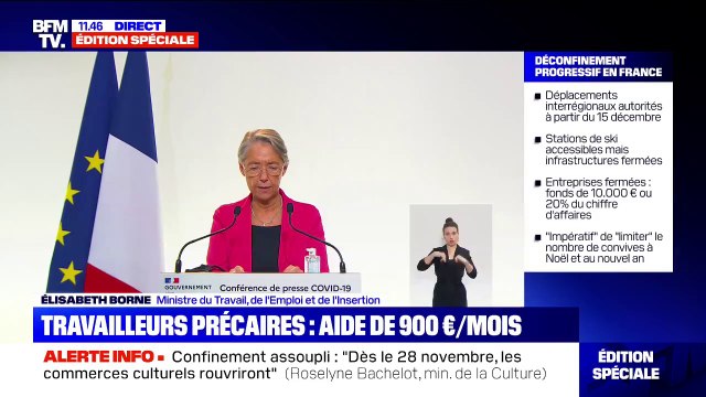 La ministre du Travail Elisabeth Borne annonce la mise en place d'une aide de 900 euros par mois pour les travailleurs précaires