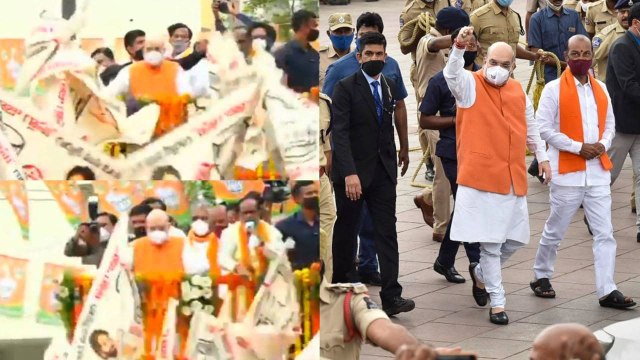 Pawan Kalyan's Jana Sena Flags More Than BJP Flags At Amit shah Road Show పవన్ కల్యాణ్ కటౌట్లు...!!