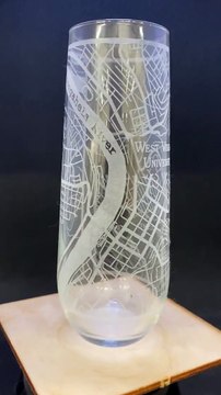 College Town Map Wraparound Engraved Glass (WVU) - Quality Glass Engraving