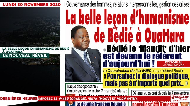 Le titrologue du Lundi 30 novembre 2020/ La belle leçon d'humanisme de Bédié à Ouattara