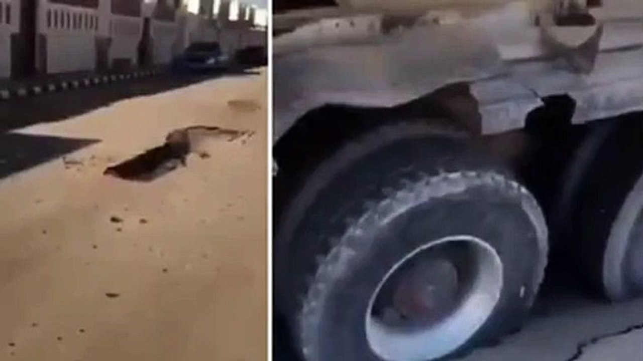 هبوط أرضي يبتلع إطارات شاحنة بأحد شوارع حفر الباطن