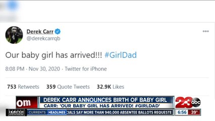 Derek Carr introduces new baby girl!