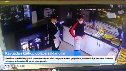 Mersin'de kavgadan korkan iki pastane çalışanının dolaba saklanması güvenlik kamerasında