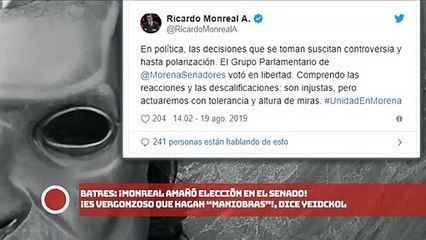 Batres: Monreal amañó elección en el Senado. Es vergonzoso que hagan “maniobras”, dice Yeidckol