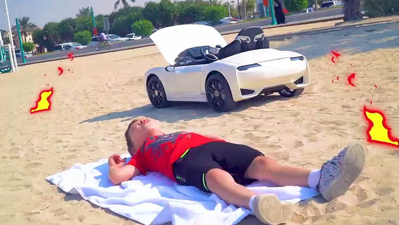 Artem ride on Car and Stuck in the Sand - Funny video about Cars