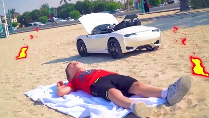 Artem ride on Car and Stuck in the Sand - Funny video about Cars