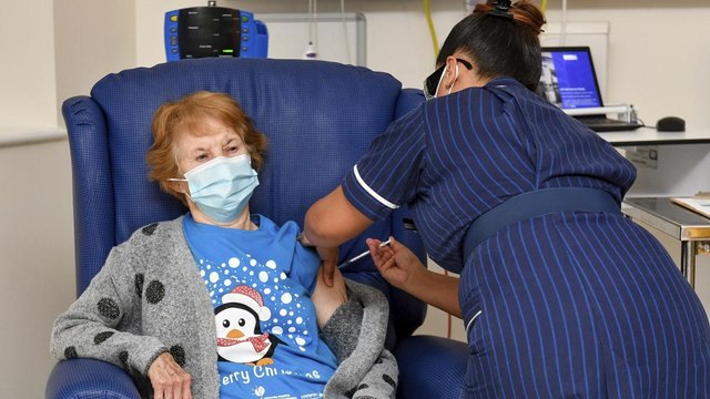 90-year-old UK woman gets first Pfizer vaccine shot