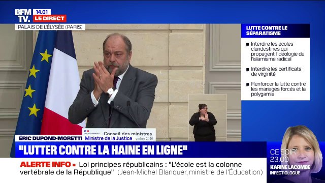 Séparatismes: Éric Dupond-Moretti annonce la possibilité de comparution immédiate pour ceux qui diffusent la haine sur les réseaux sociaux et précise que les journalistes sont exclus de cette disposition