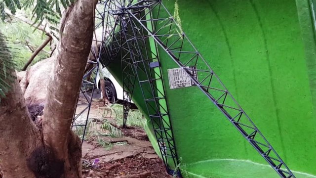 Galho de árvore cai em cima de ponto de ônibus e carro na Rua Plínio Salgado