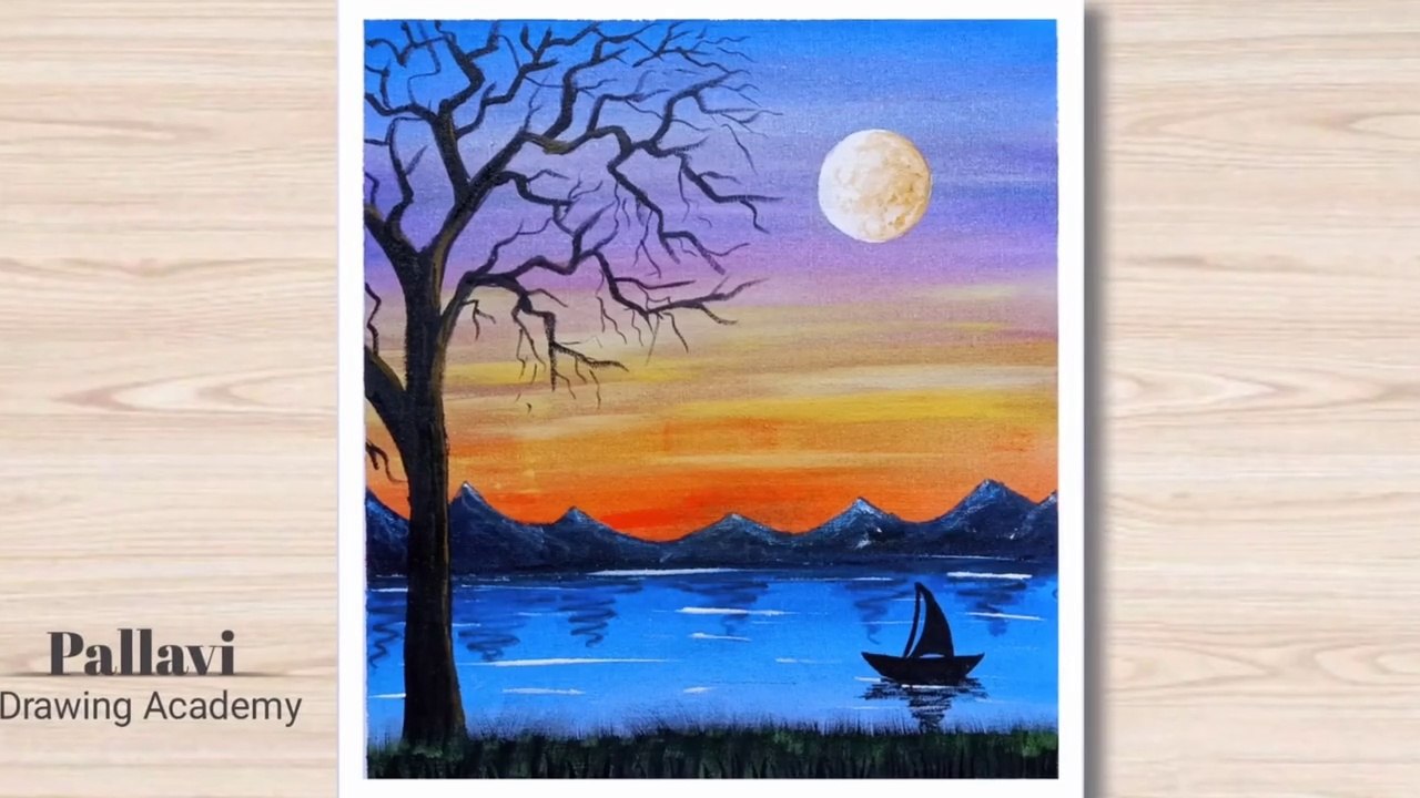 Easy way to draw beautiful landscape with boat and tree Pallavi Drawing Academy