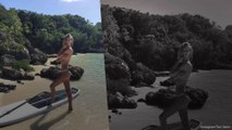 Toni Garrn posiert oben ohne am Strand