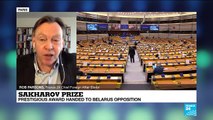 Belarus opposition wins rights prize, urges EU to be braver