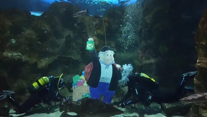 Buzos colocan a Olentzero con los tiburones del  Aquarium