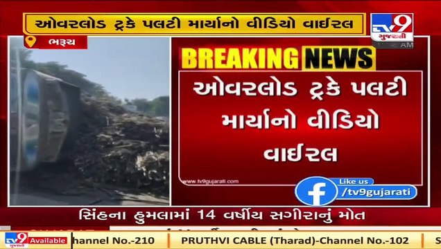 Bharuch Truck overloaded with sugarcane overturned on Jhagadia road _ TV9News