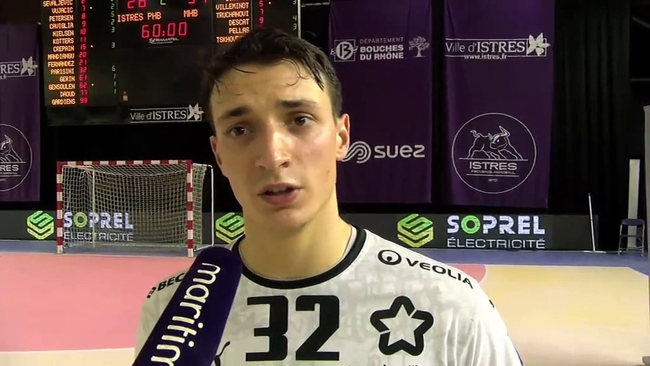 Yanis Lenne après la victoire de Montpellier Handball à Istres