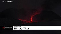 Volcanic explosions from Mt. Etna send lava rocks flying and lava flowing