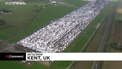 Stranded truckers at UK's Dover port spell out 'HELP' with traffic cones
