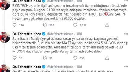 Sağlık Bakanı Koca: “BioNTech aşısı ile ilgili anlaşma bu gece 04.30 itibariyle imzalandı”