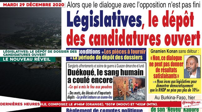 Le titrologue du Mardi 29 Décembre 2020/ Législatives, le dépôt des candidatures ouvert