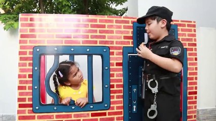 Suri and Sammy Pretend Play Police Officer with K 9 Puppy Dog Locked Up Funny