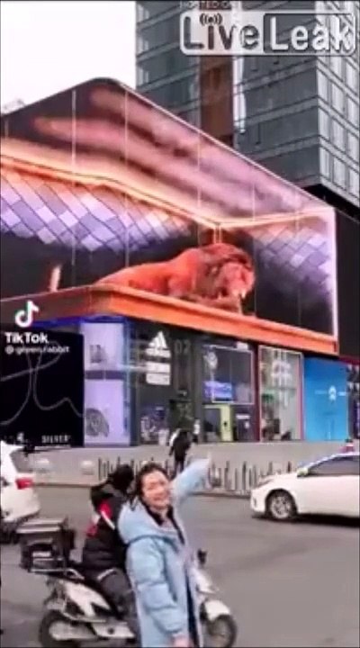 Une chinoise terrifiée par un écran 3D bien trop réaliste