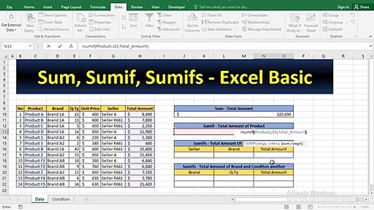 13.SUM function in excel