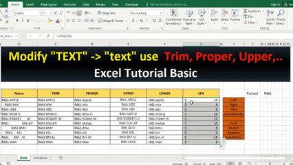 16.Excel Tutorial Basic - Modify TEXT to text use Trim Proper, Upper