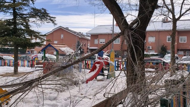 Zona infantil en Valdemoro con varias ramas caídas en el interior