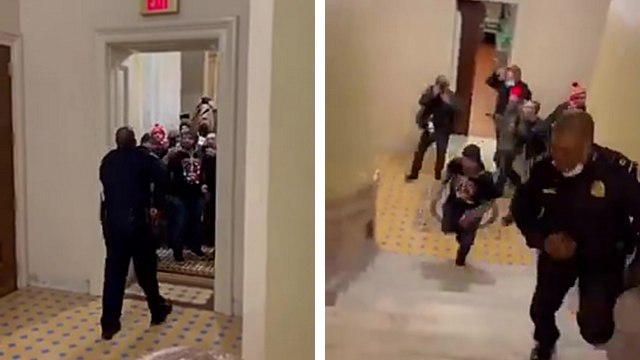 Un seul policier essaie de contenir les manifestants pro-Trump dans le Capitole