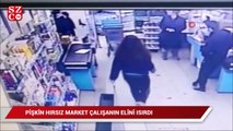 Pişkin hırsız market çalışanın elini ısırdı