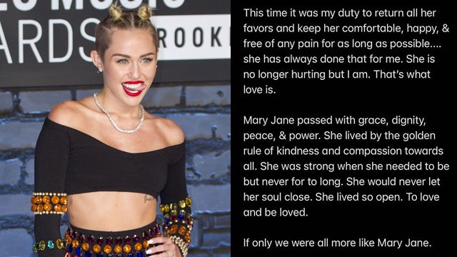 Miley Cyrus Mourns The Tragic Death Of Her Dog Mary Jane Adopted With Ex Liam Hemsworth
