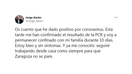 El alcalde de Zaragoza, Jorge Azcón, da positivo en covid