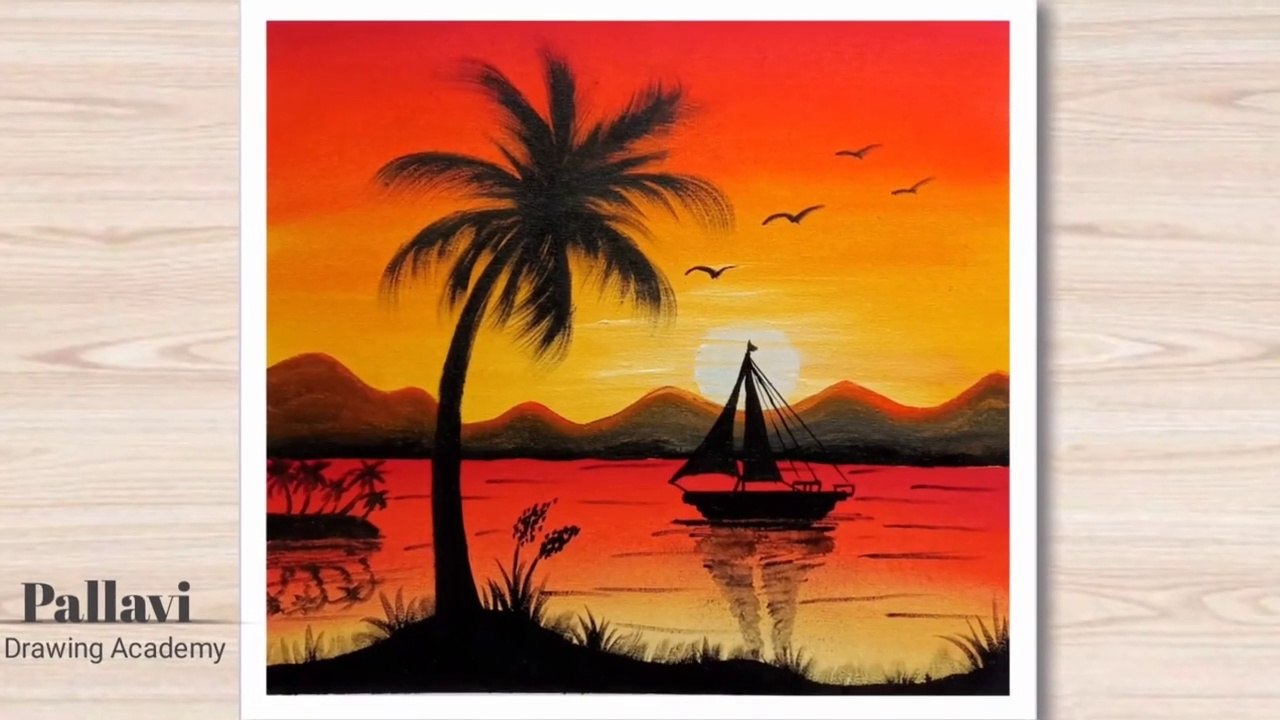 How to draw beautiful sunset painting for beginners step by step ...