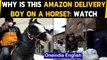 Amazon delivery man arrives on horseback in snow-covered Srinagar: Watch| Oneindia News