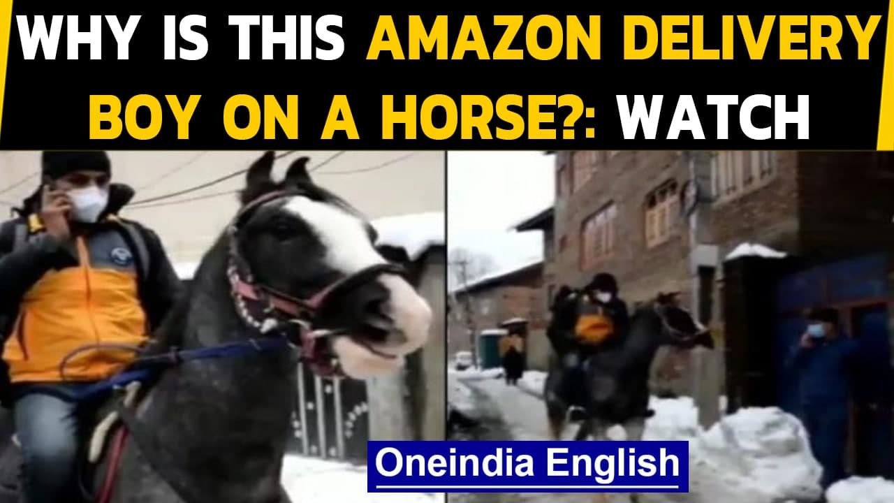 Amazon delivery man arrives on horseback in snow-covered Srinagar: Watch| Oneindia News