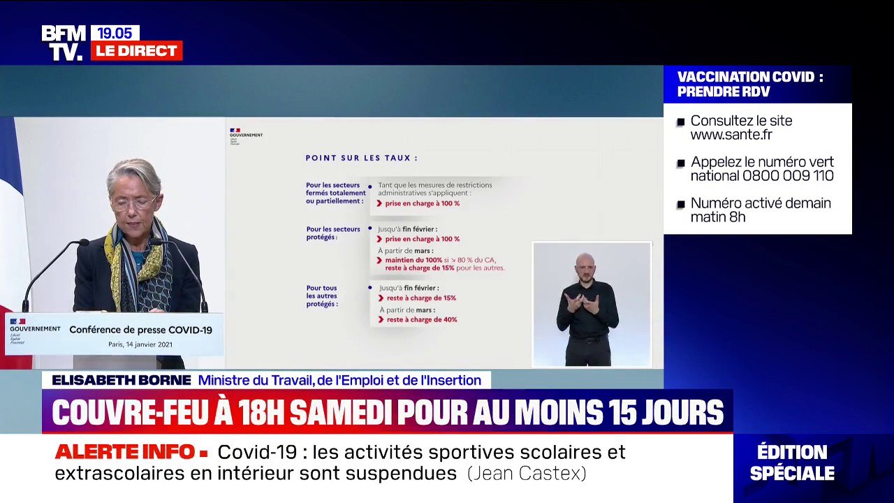 Pour les entreprises totalement ou partiellement fermées, Elisabeth Borne annonce que l'État continuera de prendre en charge "100% des rémunérations versées aux salariés jusqu'à fin février"