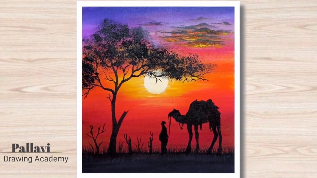 Easy and beautiful sunset painting with camel __ Poster Painting __ Pallavi Drawing Academy __(720P_HD)