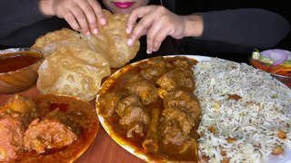 ASMR-SPICY MUTTON CURRY+POORI+DUM ALOO+JEERA RICE+SALAD -BIG BITES- MESSY EATING l FOOD VIDEOS l