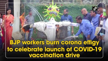 BJP workers burn corona effigy to celebrate launch of Covid-19 vaccination drive