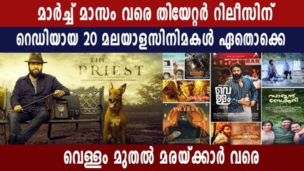 തീയറ്ററുകള്‍ സജീവം; മാര്‍ച്ച്‌ വരെ റിലീസിന് 20 സിനിമകള്‍ | FilmiBeat Malayalam