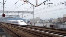 The Japanese high speed bullet train rushes on the Sanyo-Shinkansen line through Himeji 山陽新幹線のN700A系電車G6号機「のぞみ」姫路駅を通過します