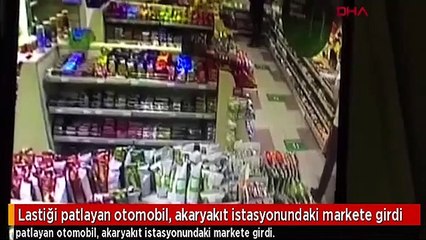 Lastiği patlayan otomobil akaryakıt istasyonuna daldı