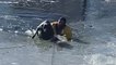 Dog rescued after falling into frozen pond
